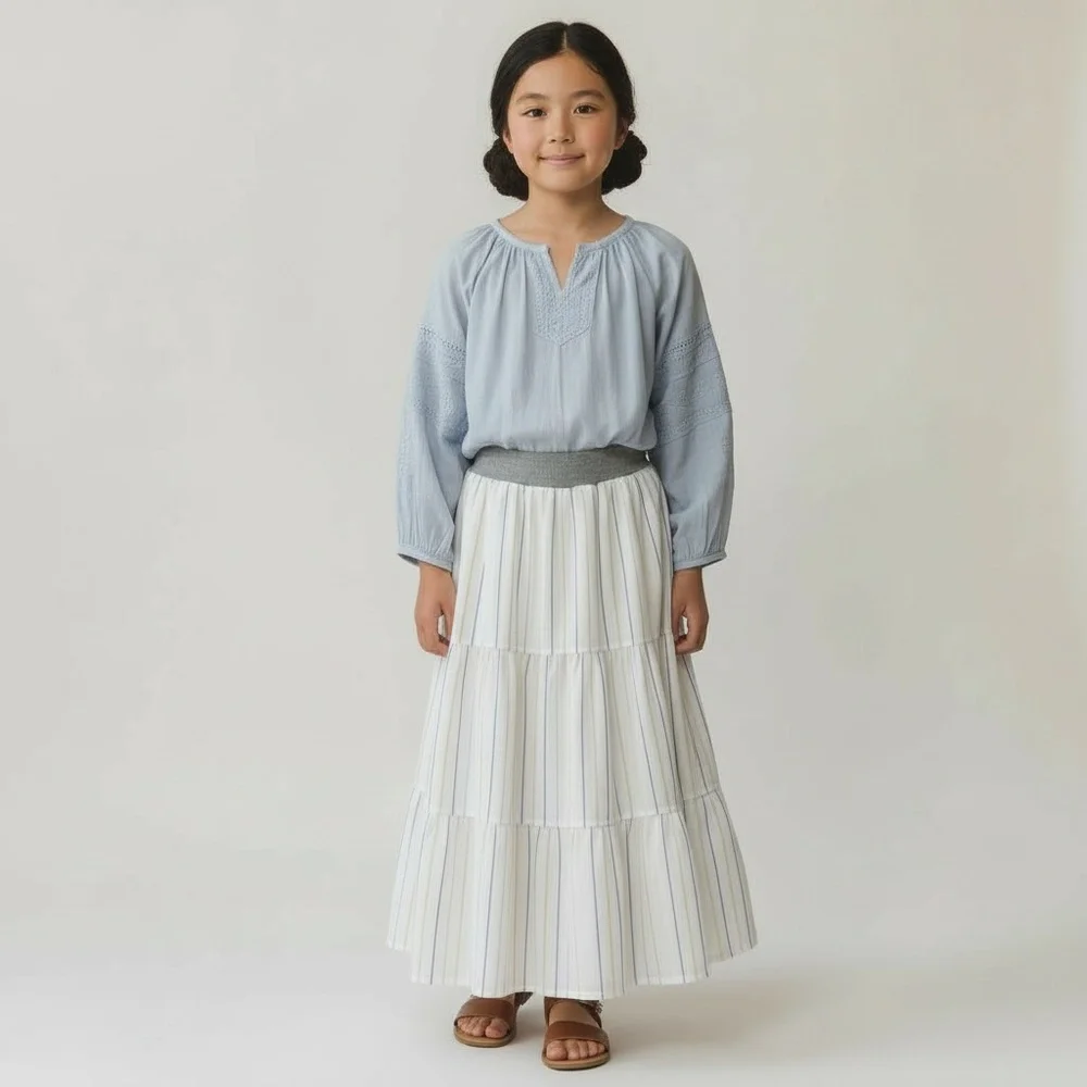 Skirt Girl 8 Maxi 100% Cotton White Stripe Lined Ruffle‎ Tier Mom and Pop's Kids